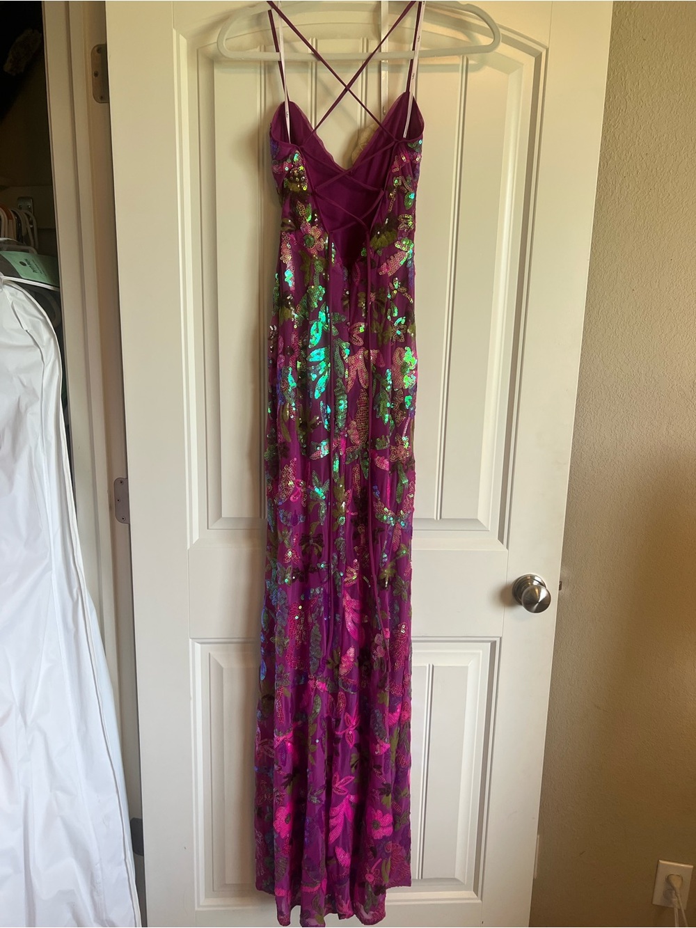 LuLus Magenta Iridescent Sequin Lace-Up Maxi Dress - Picture 4 of 5